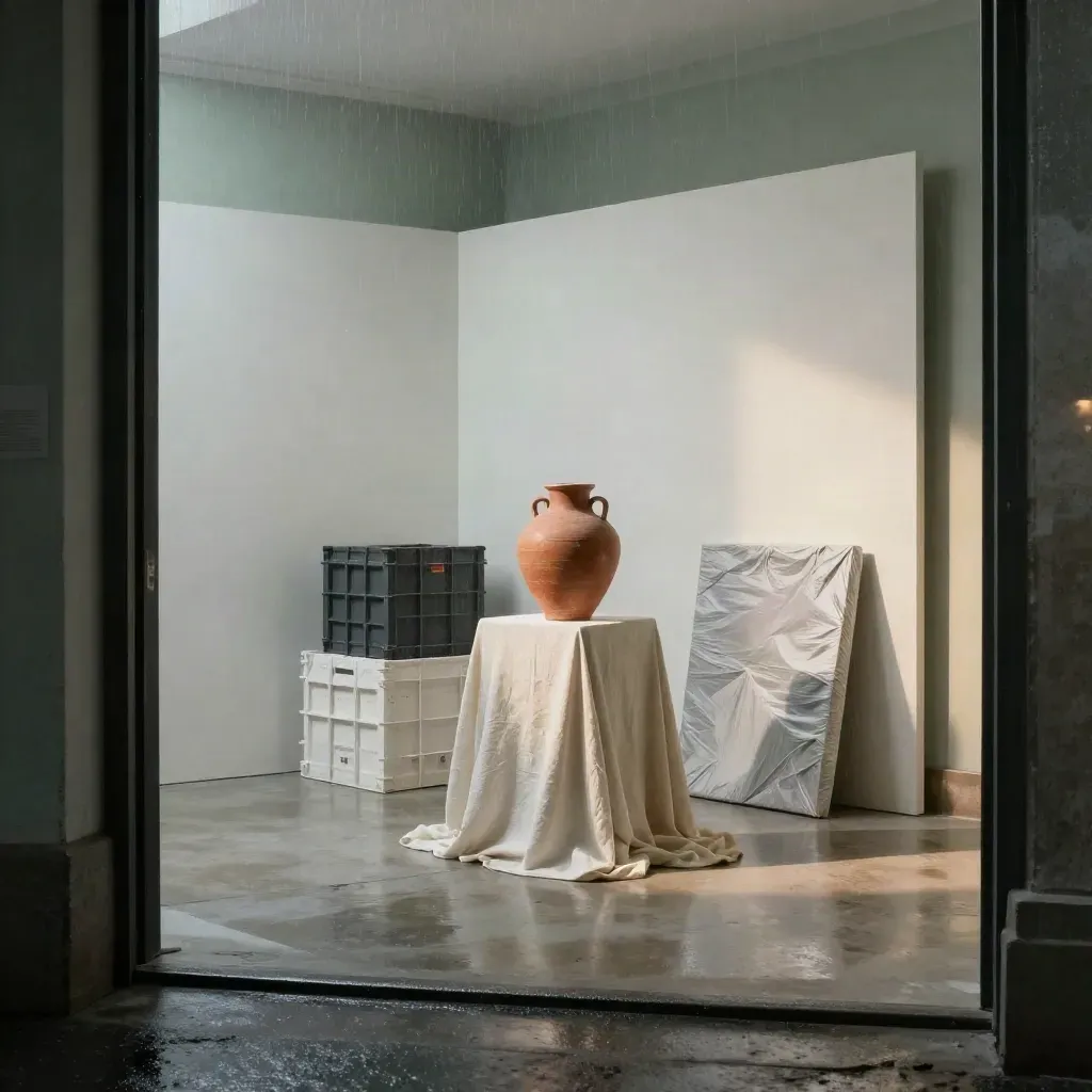 Intérieur de galerie Lieu Art au crépuscule, sculpture terracotta et caisses d’installation.