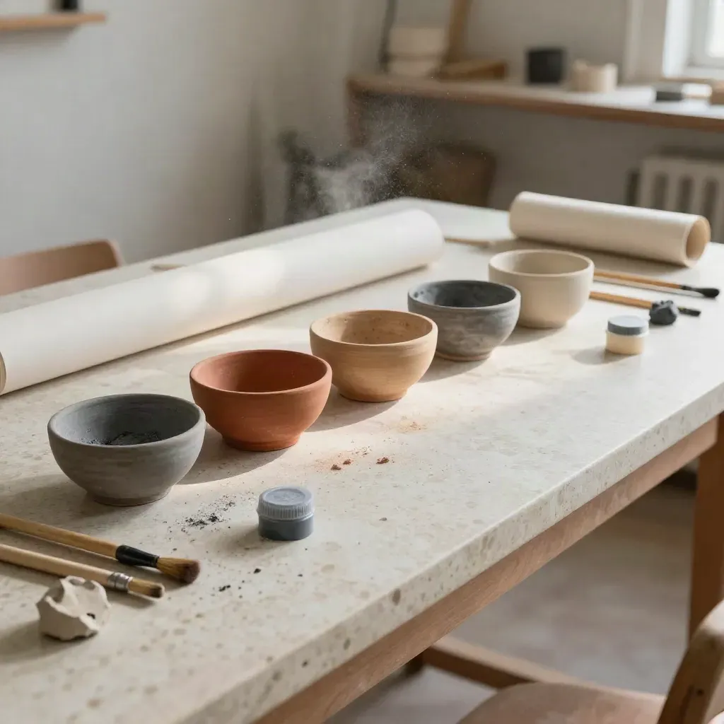 Table d’atelier avec pigments, pinceaux, tubes de papier, colle et chutes d’argile.