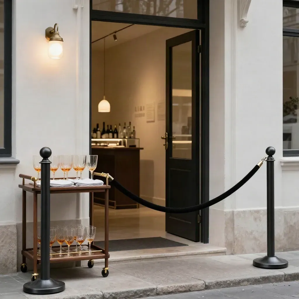 Entrée de galerie avec corde noire, verres à pied, chariot-bar éclairé et lueur d’applique.