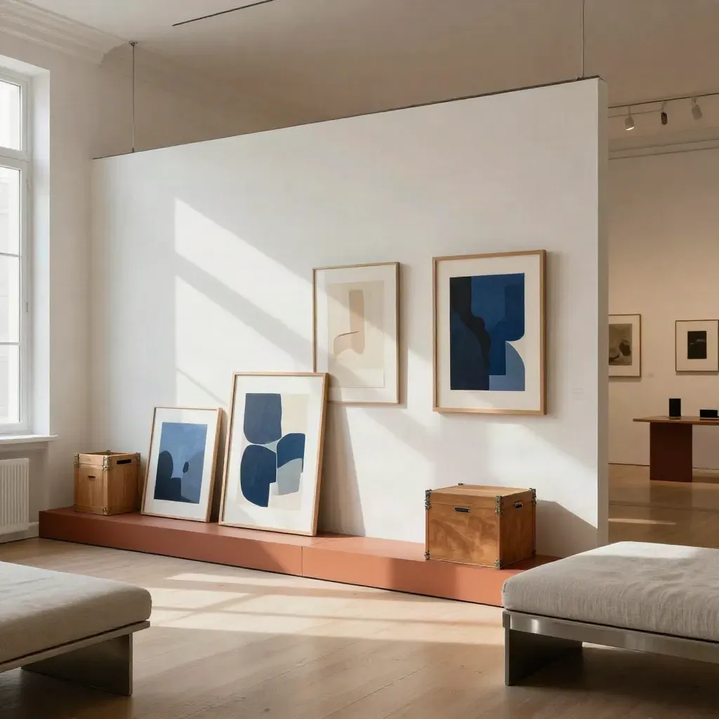 Salle d’exposition contemporaine avec cloisons blanches, socle terracotta et caisses fermées.