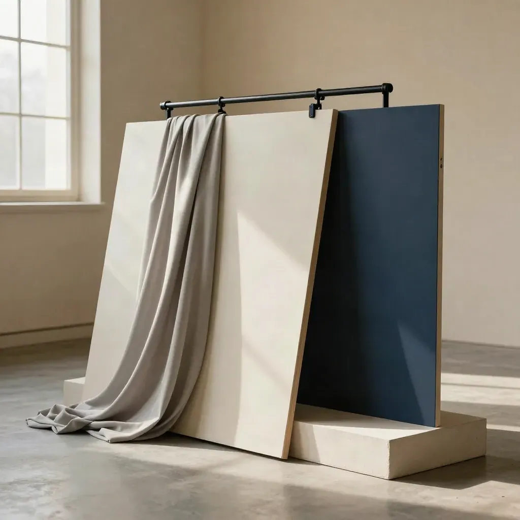 Scénographie de galerie avec panneaux clairs, drapé textile, plinthe et rail de spots.