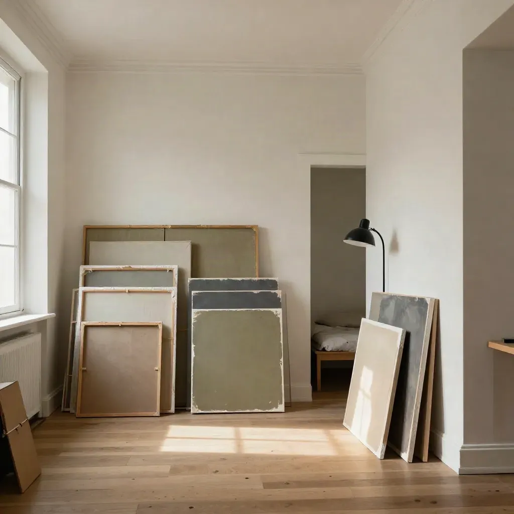 Atelier de résidence d’artiste avec toiles à sécher, étagères et lit niche.