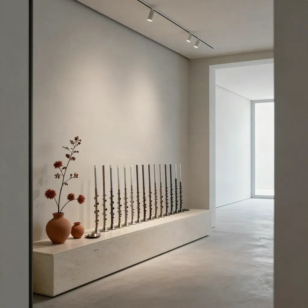 Hall d’accueil d’une galerie pour un lancement presse, flûtes vides, branches terracotta, murs baignés de lumière.