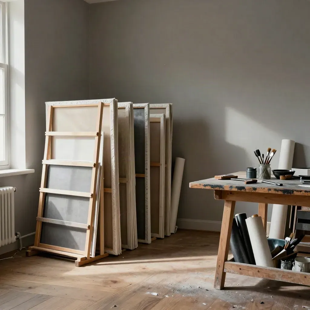 Atelier de résidence terminé avec toiles, séchoirs, caisses ouvertes et outils sur table.