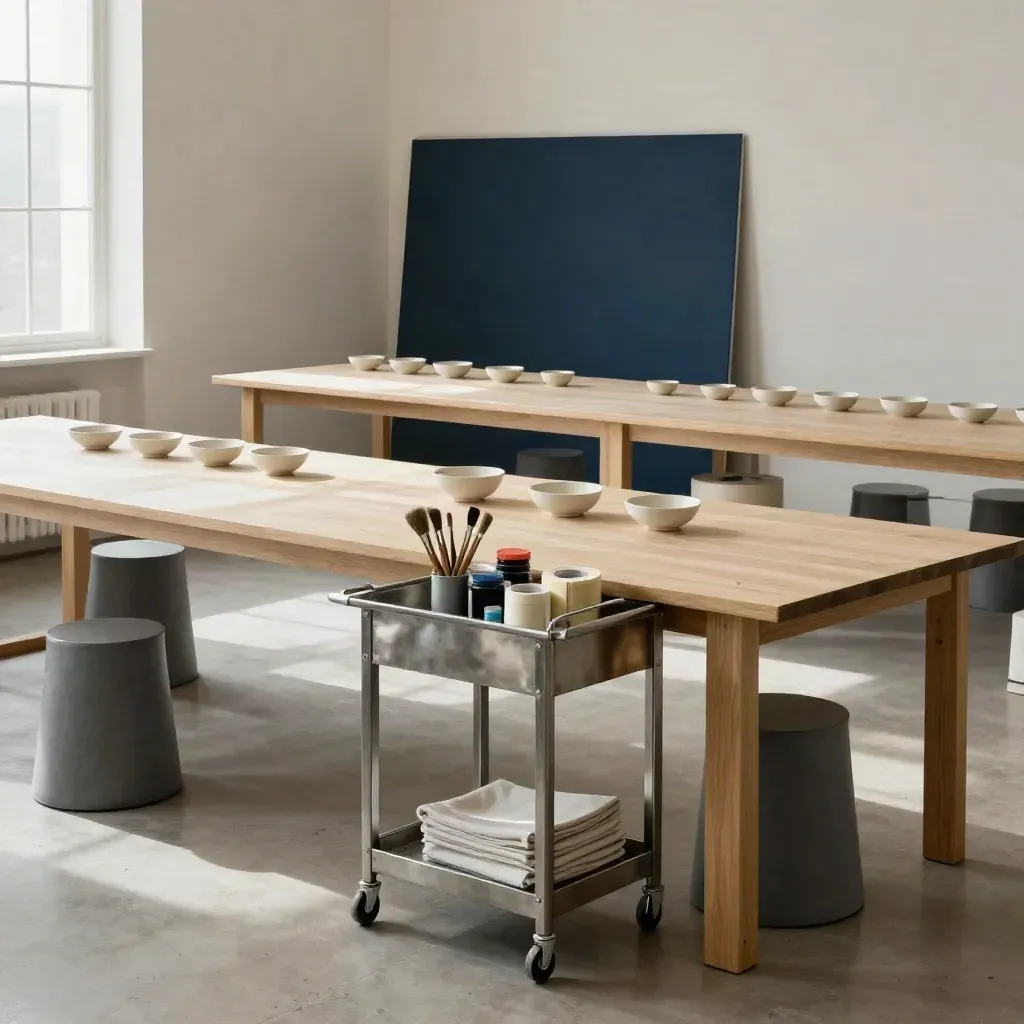 Salle d’atelier prête pour vingt personnes, tables alignées, bols en céramique et poussière de craie.