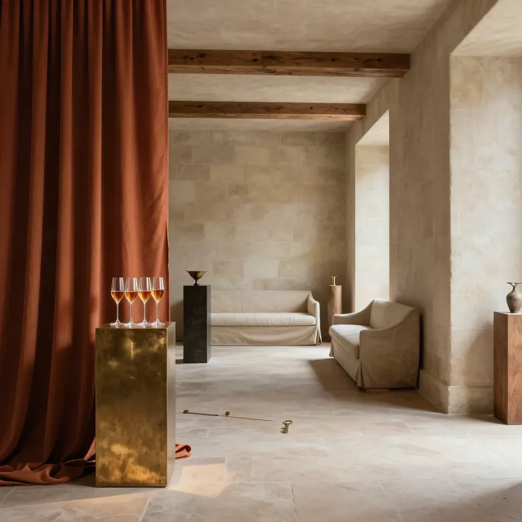 Salle de soirée scénographiée, plinthes lumineuses, coupes de champagne et drapés terracotta