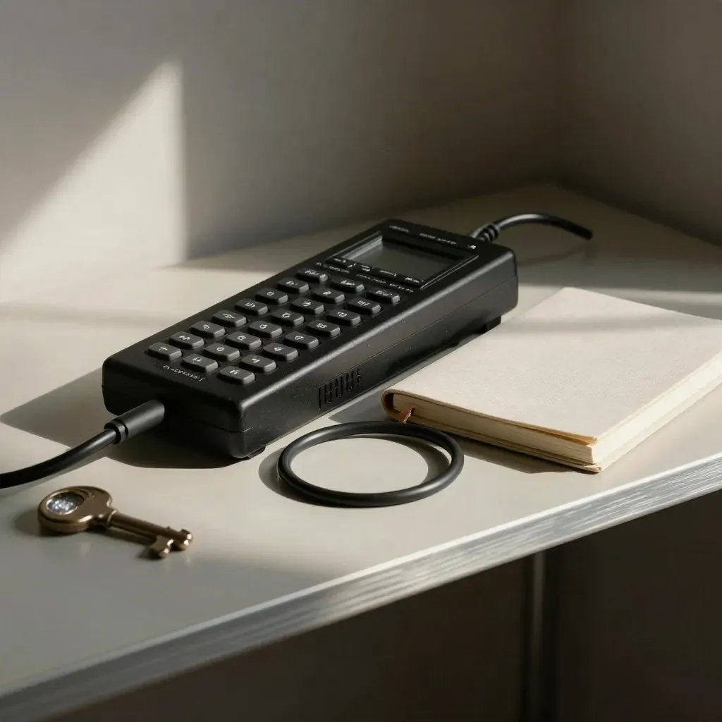 Radio intercom noire, carnet fermé, câble en boucle et voyant cue sur étagère backstage.