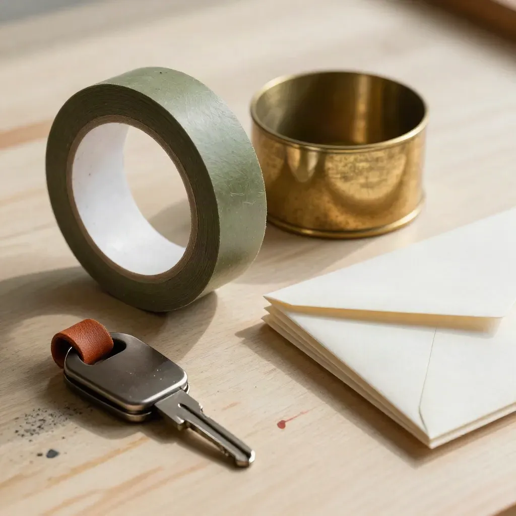 Gros plan sur du ruban gaffer, un presse-papier en laiton, un porte-clés et des enveloppes retournées.