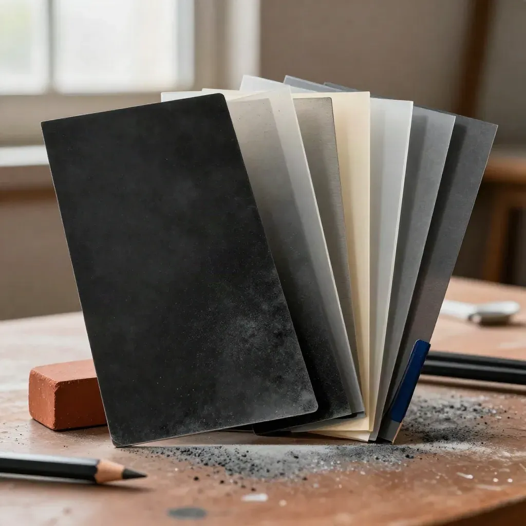 Bords noirs, calques en vélin, crayons graphite et pierre terracotta sur une table d’atelier.