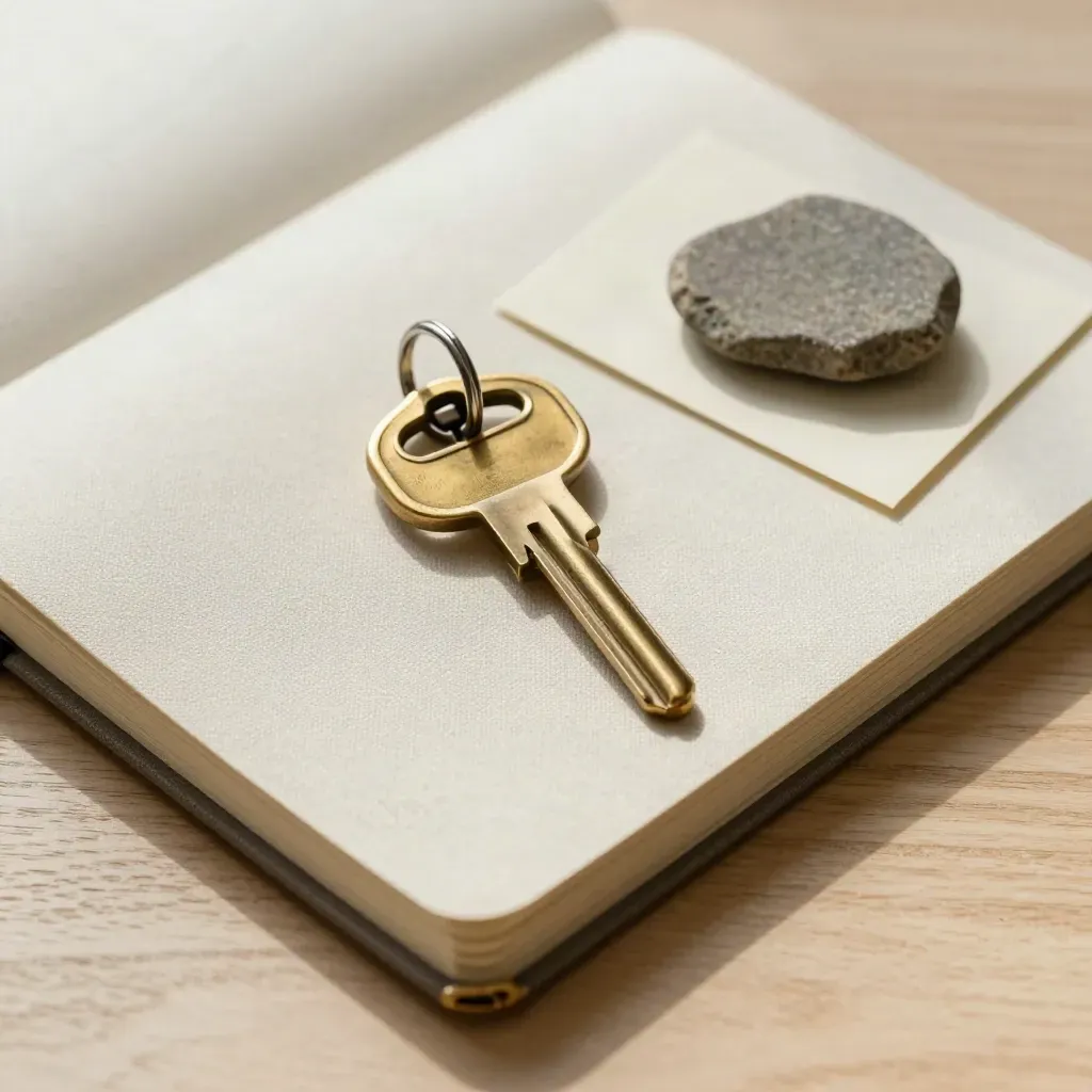 Vue zenitale d’un porte-clés en laiton, carnet en lin fermé et échantillon de pierre sur bois pâle.