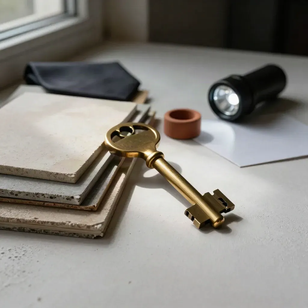 Clé de galerie, échantillons de matières et petite lampe sur un fond plâtré clair.