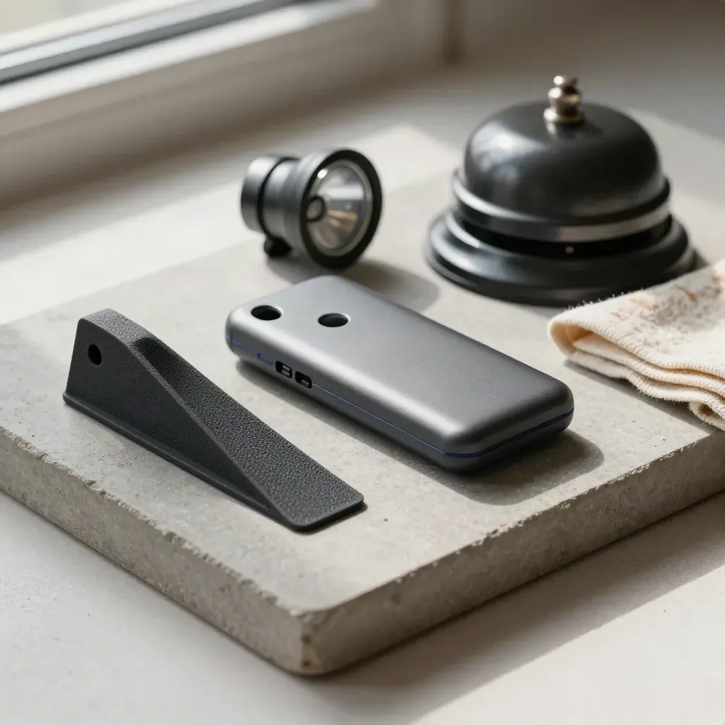 Kit d’ouverture sur plateau de pierre : cale de porte, interphone, spot et sonnette.