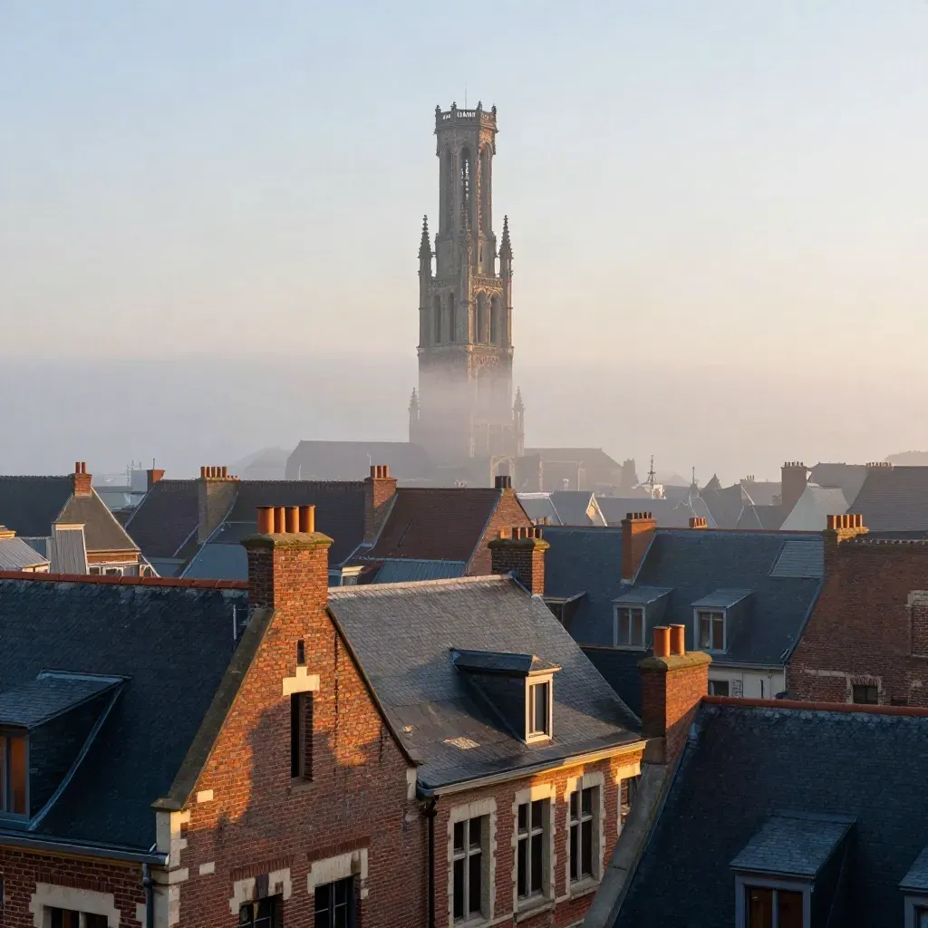 Toits de Lille au lever du jour avec le beffroi dans la brume dorée.