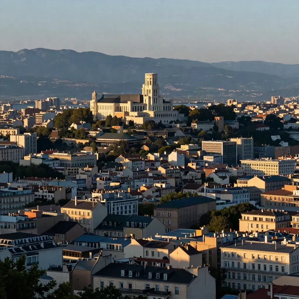 Vue de Lyon au crépuscule, Fourvière et les Alpes dans une brume chaude.