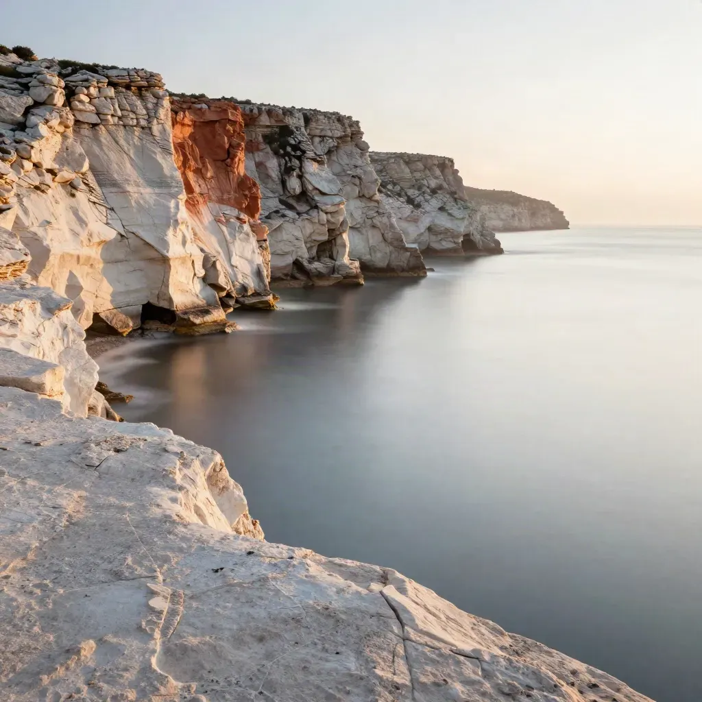 Falaises calcaires des Calanques au-dessus d’une mer argentée, lumière chaude et brume légère.